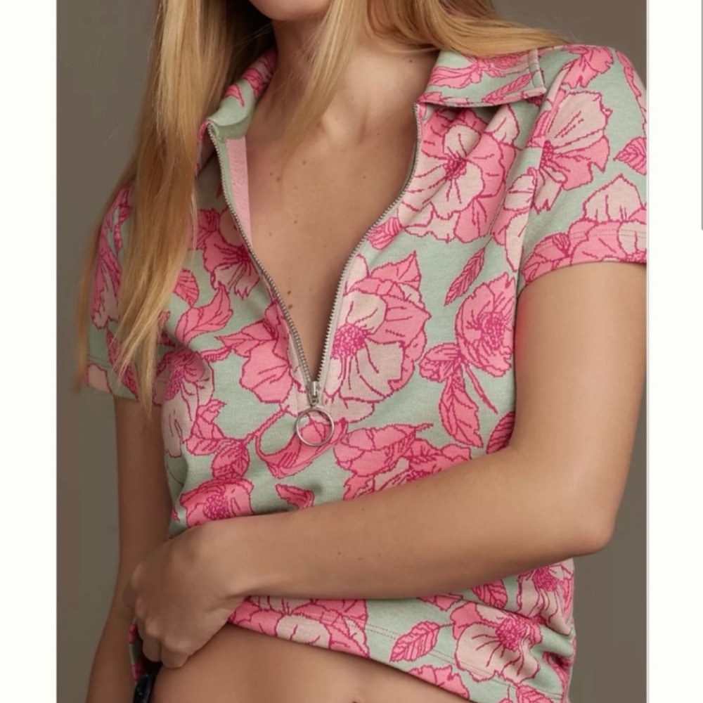 Anthropologie Maeve Short-Sleeve Floral Jacquard Top Pink/Green Medium - Picture 13 of 14
